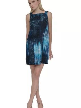 New DKNY Faded print square neck mini shift dress